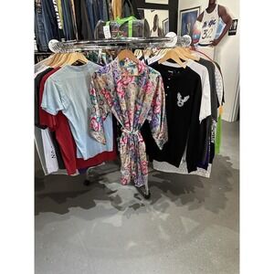 Vintage 90s Adonna Beige Floral Knee Length Silky Bath Robe Size Medium